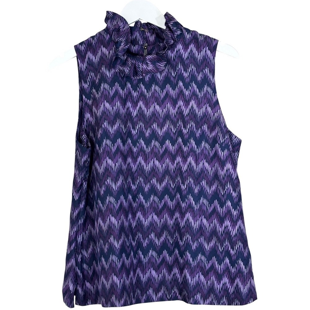 Elizabeth McKay Purple Chevron Silk Ruffle Neck Sleeveless Blouse Top Size 6